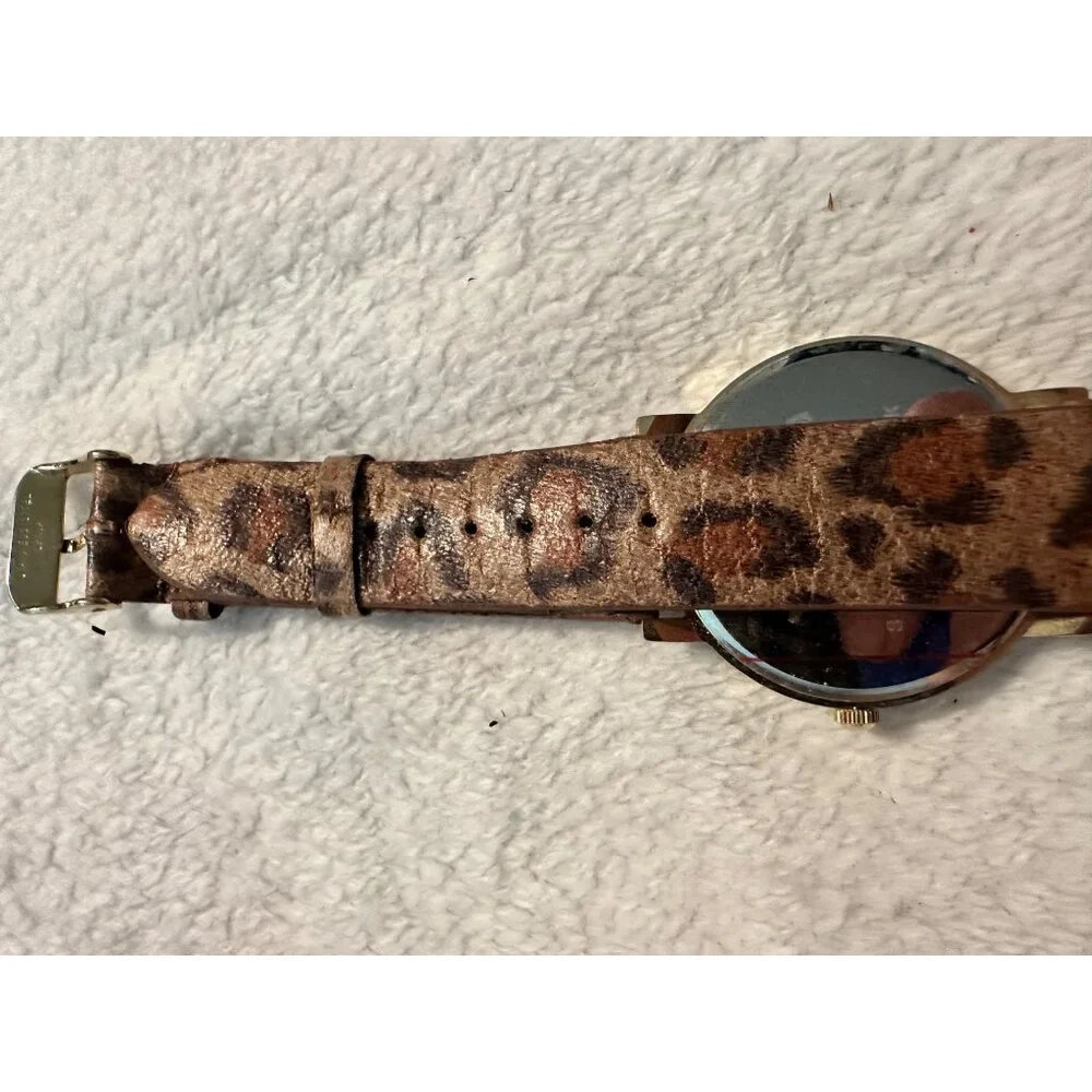 Adrienne Leopard Print Quartz Watch‎ With Rhinestone Bezel & Leather Band